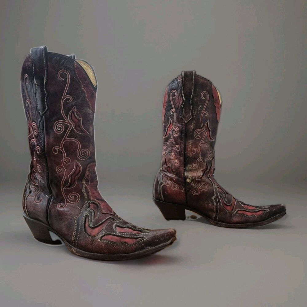 Rudel Women's 8.5E Black Red Leather Cowgirl Western Boots Snip Toe